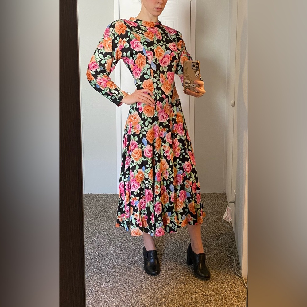 80s Vintage black floral dress